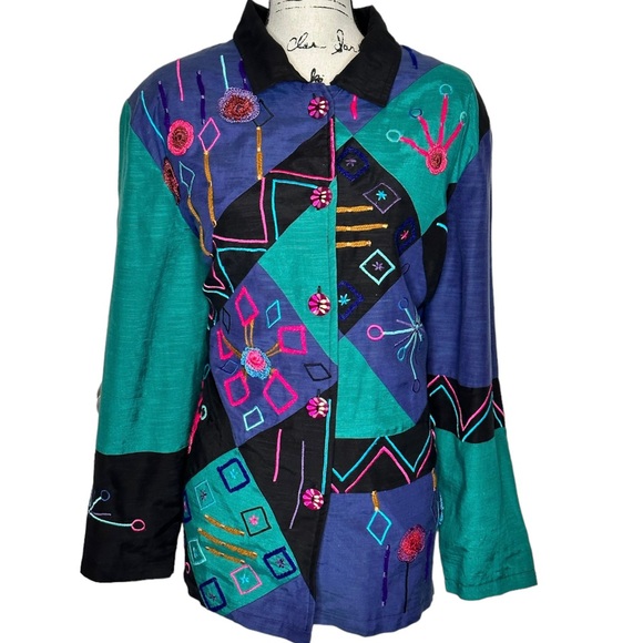 Vintage Maggie Barnes Artsy Boho Jacket Emboridered Crochet Flowers SZ 20WP - Picture 1 of 9